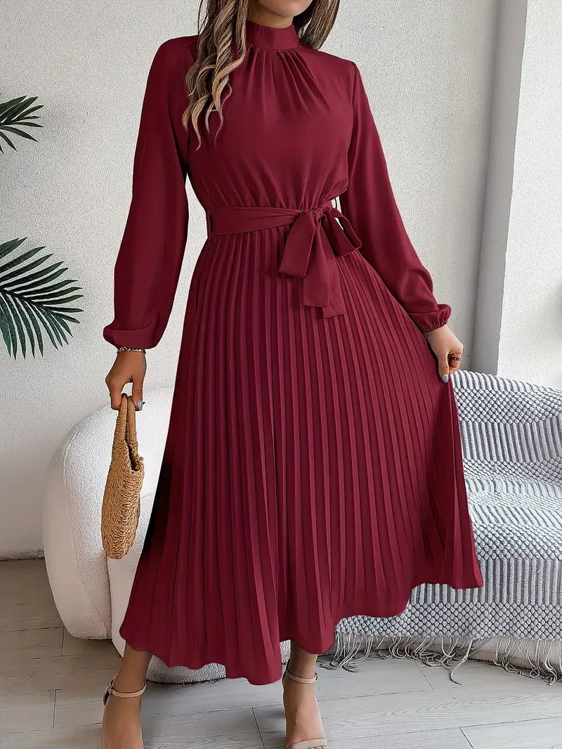 Nell | High Neck Belted Pleated Long-Sleeve Midi Dress