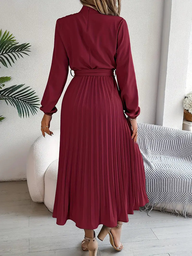 Nell | High Neck Belted Pleated Long-Sleeve Midi Dress