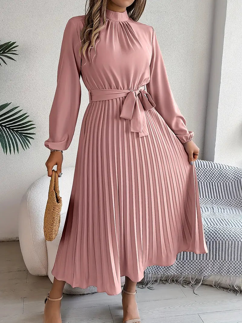Nell | High Neck Belted Pleated Long-Sleeve Midi Dress