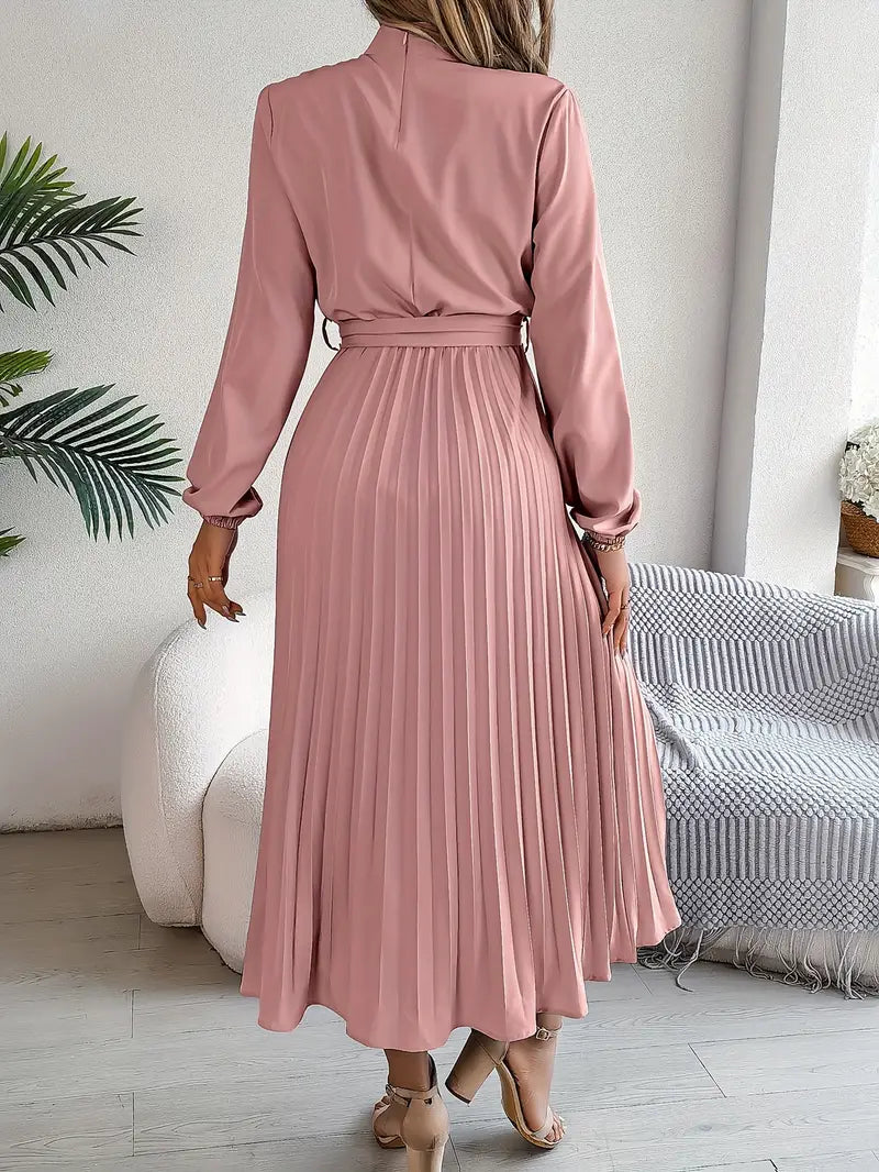 Nell | High Neck Belted Pleated Long-Sleeve Midi Dress