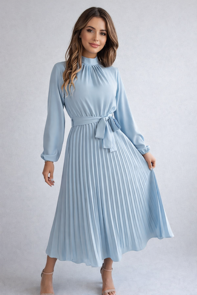 Nell | High Neck Belted Pleated Long-Sleeve Midi Dress
