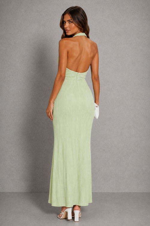 Nicola textured pleat halter open-back wrap maxi dress