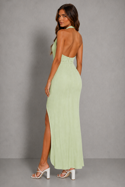 Nicola textured pleat halter open-back wrap maxi dress