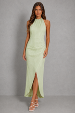 Nicola | Textured Pleat Halter Open-Back Wrap Maxi Dress in Light green