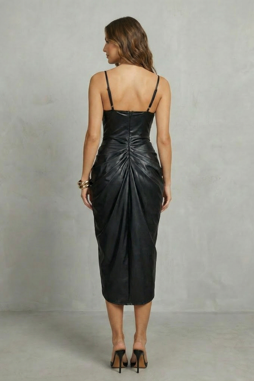 Noelle cowl neck ruched wrap-split midi dress