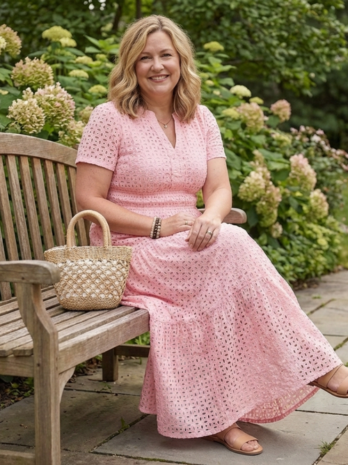 Giulia | Short-Sleeve Eyelet Tiered Midi Dress