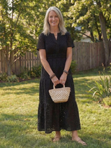 Giulia | Short-Sleeve Eyelet Tiered Midi Dress in Black