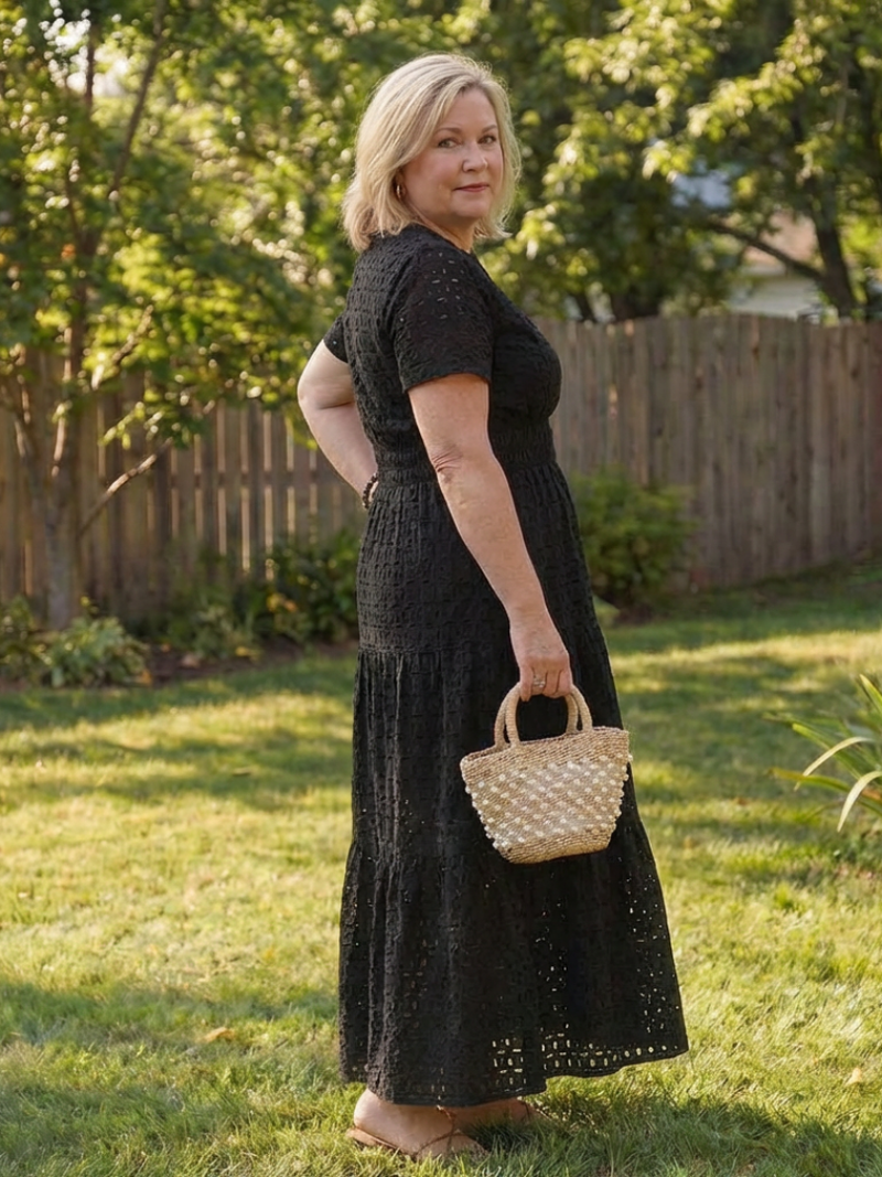 Giulia | Short-Sleeve Eyelet Tiered Midi Dress