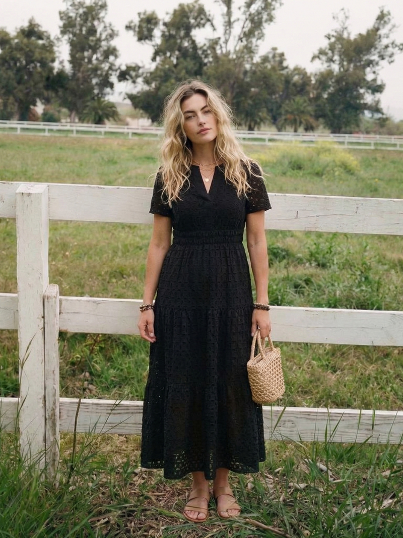 Giulia | Short-Sleeve Eyelet Tiered Midi Dress