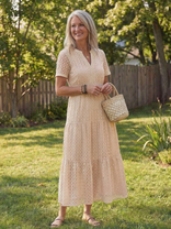 Giulia | Short-Sleeve Eyelet Tiered Midi Dress in Beige