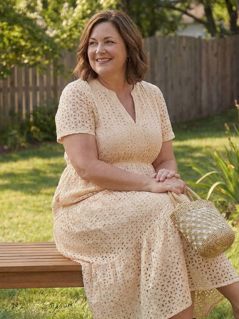 Giulia | Short-Sleeve Eyelet Tiered Midi Dress