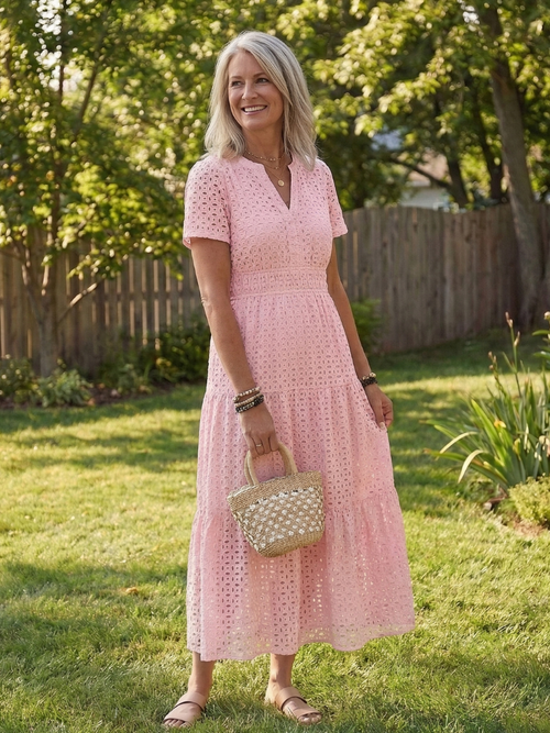 Giulia | Short-Sleeve Eyelet Tiered Midi Dress