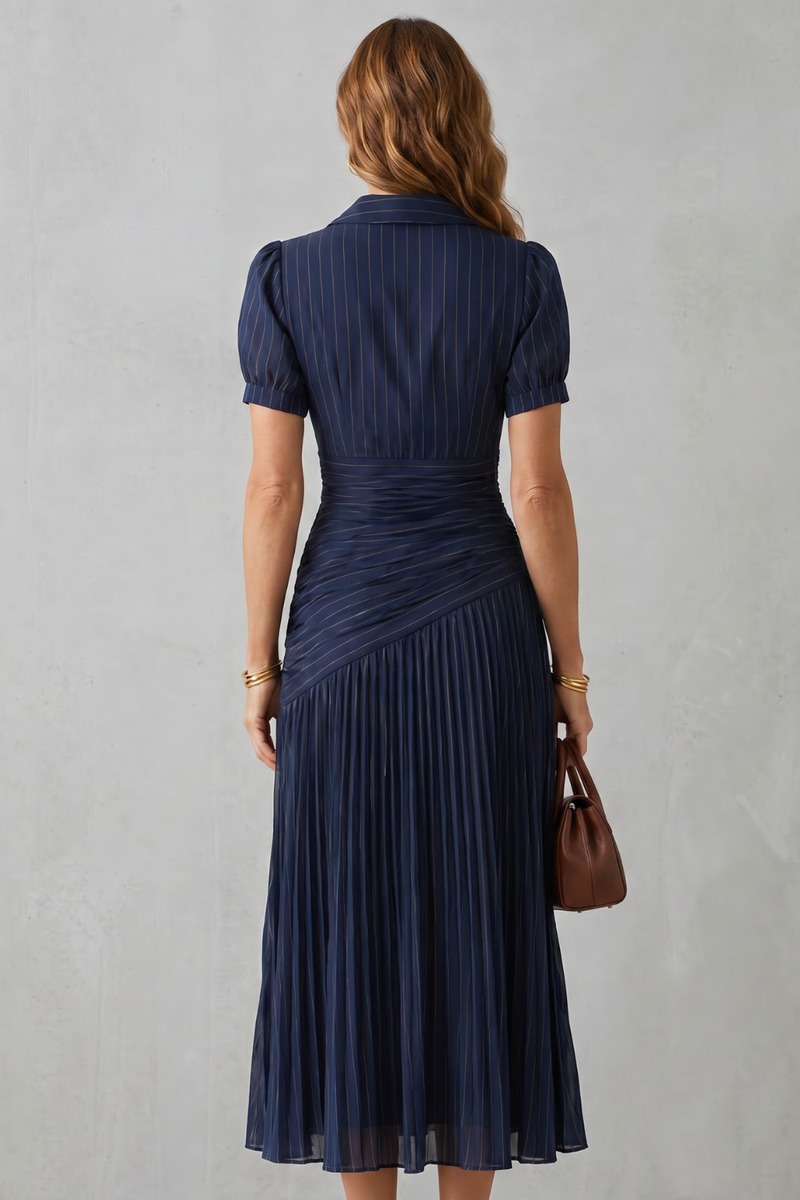 Odette | Collared V-Neck Ruched Waist Pleated Midi Dress