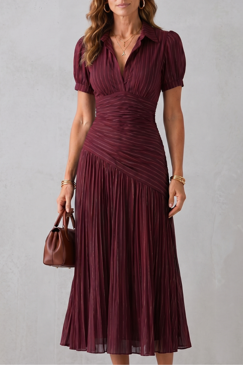 Odette | Collared V-Neck Ruched Waist Pleated Midi Dress