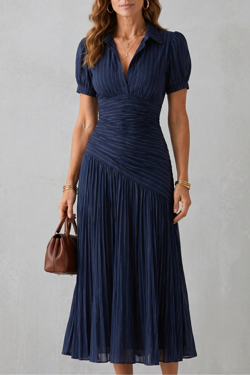 Odette collared V-neck ruched waist pleated midi dress