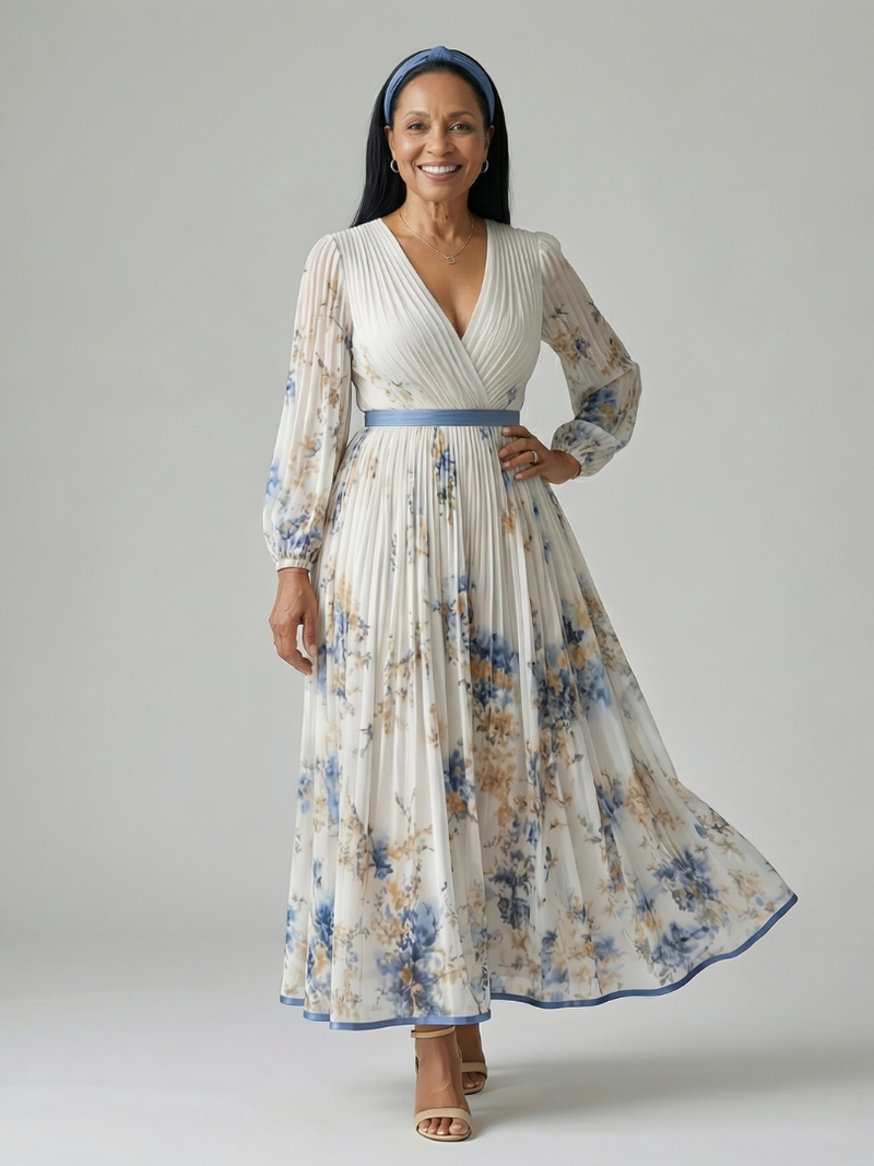 Olivia | Wrap V-Neck Pleated Long Sleeve Midi Dress