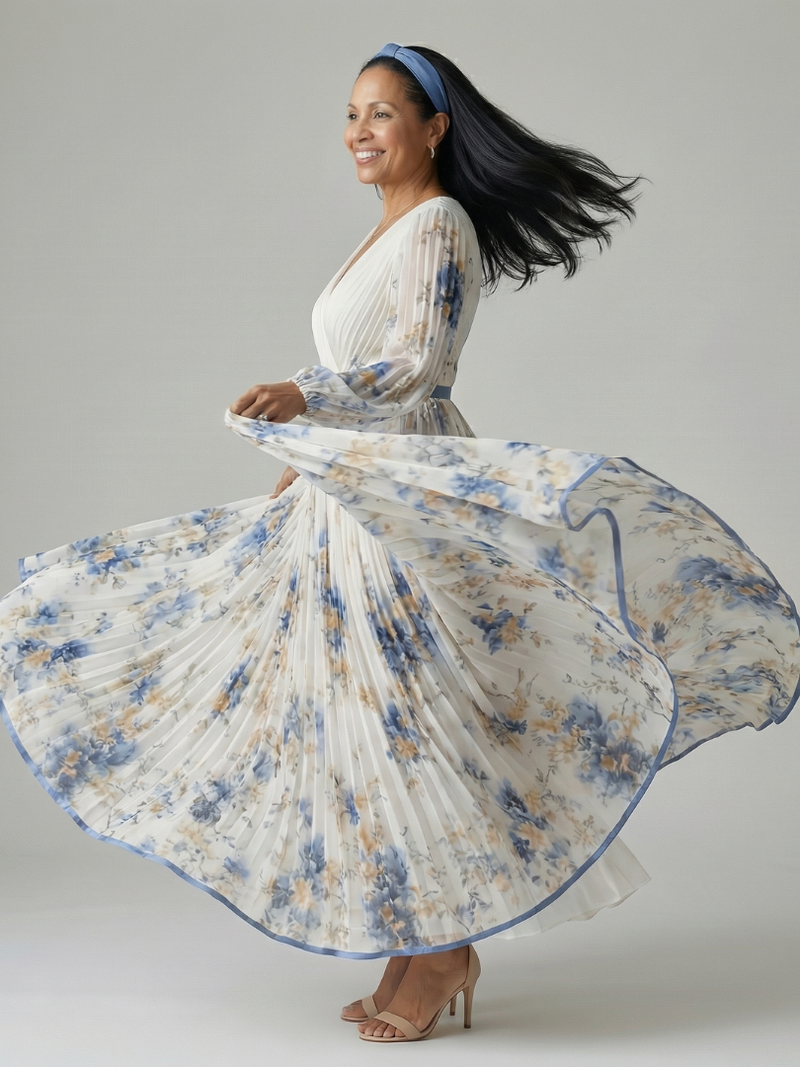 Olivia | Wrap V-Neck Pleated Long Sleeve Midi Dress