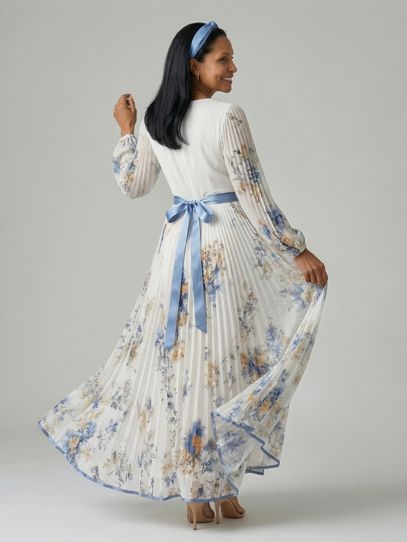 Olivia | Wrap V-Neck Pleated Long Sleeve Midi Dress