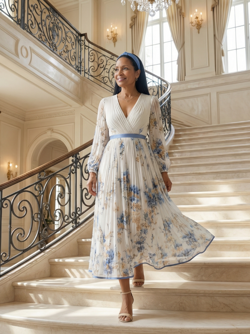 Olivia | Wrap V-Neck Pleated Long Sleeve Midi Dress