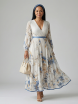 Olivia | Wrap V-Neck Pleated Long Sleeve Midi Dress in White