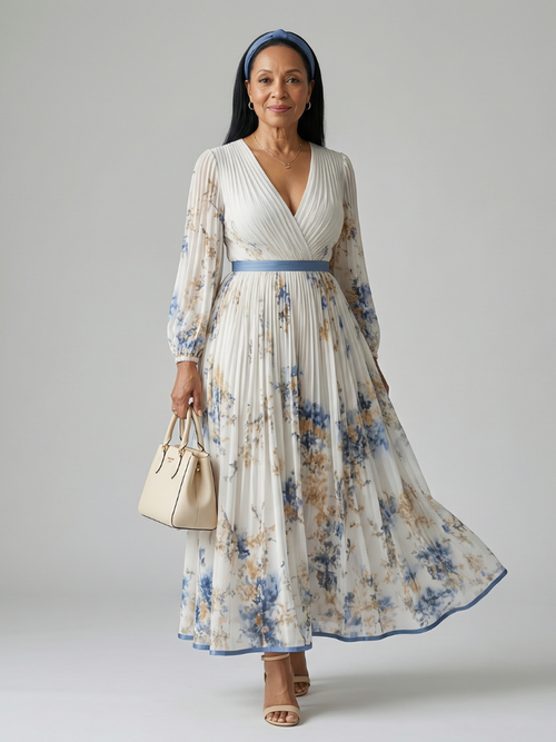 Olivia wrap V-neck pleated long sleeve midi dress