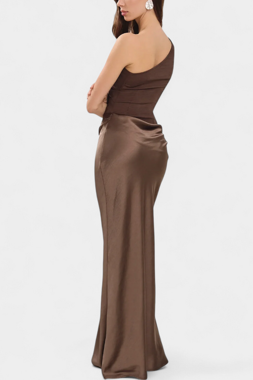 Corinne | One-Shoulder Ruched Satin Maxi Dress