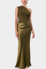 Corinne | One-Shoulder Ruched Satin Maxi Dress in Green