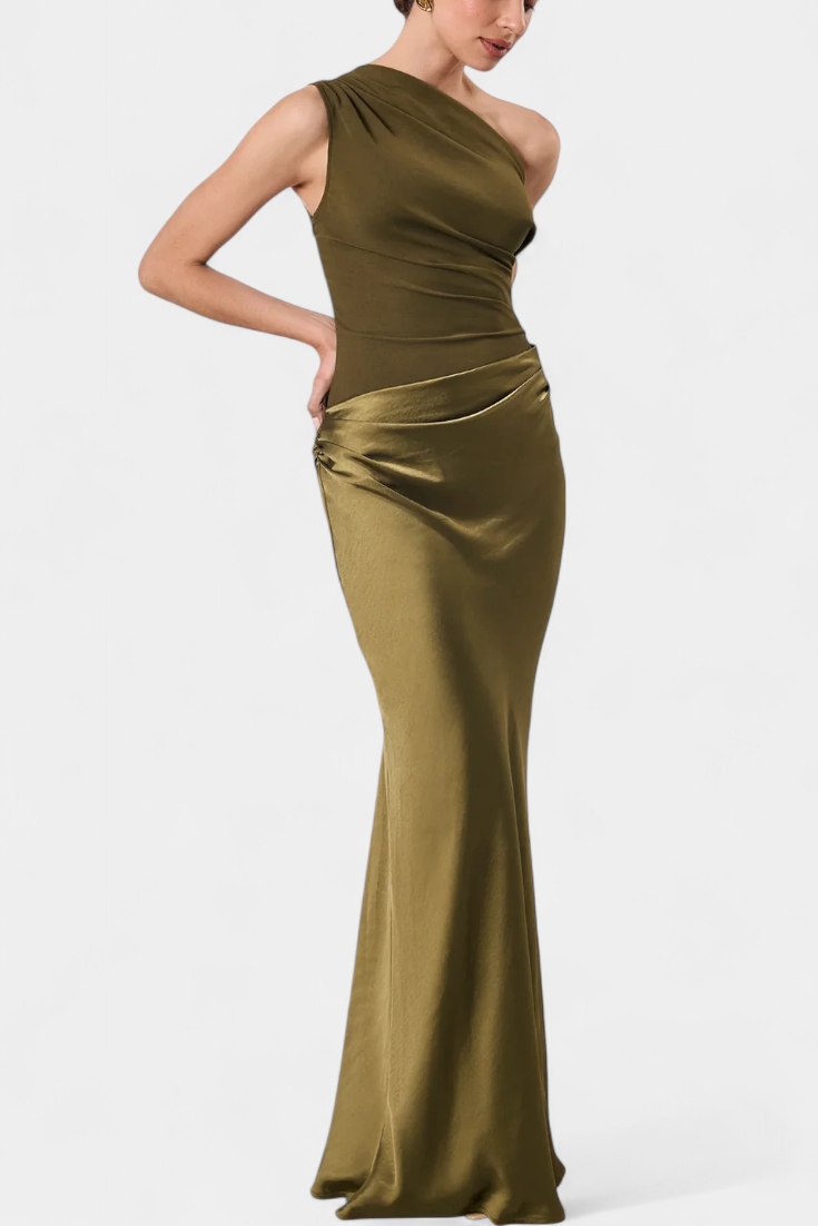 Corinne | One-Shoulder Ruched Satin Maxi Dress