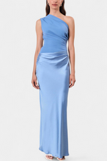 Corinne | One-Shoulder Ruched Satin Maxi Dress in Blue