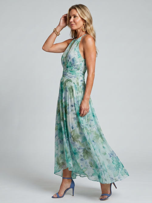 Philippa floral halter keyhole pleated maxi dress
