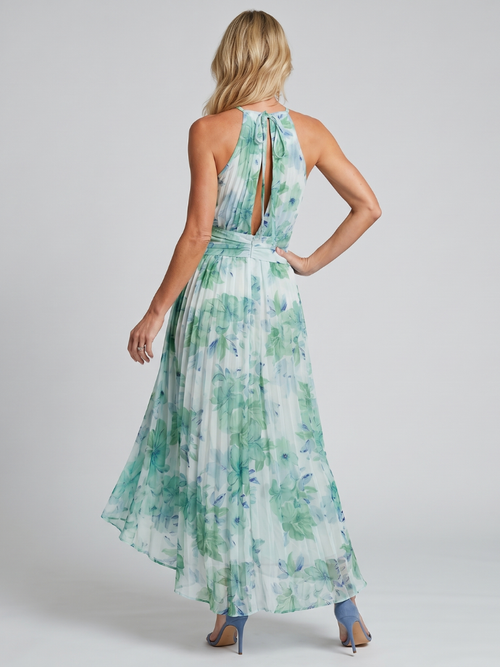 Philippa floral halter keyhole pleated maxi dress