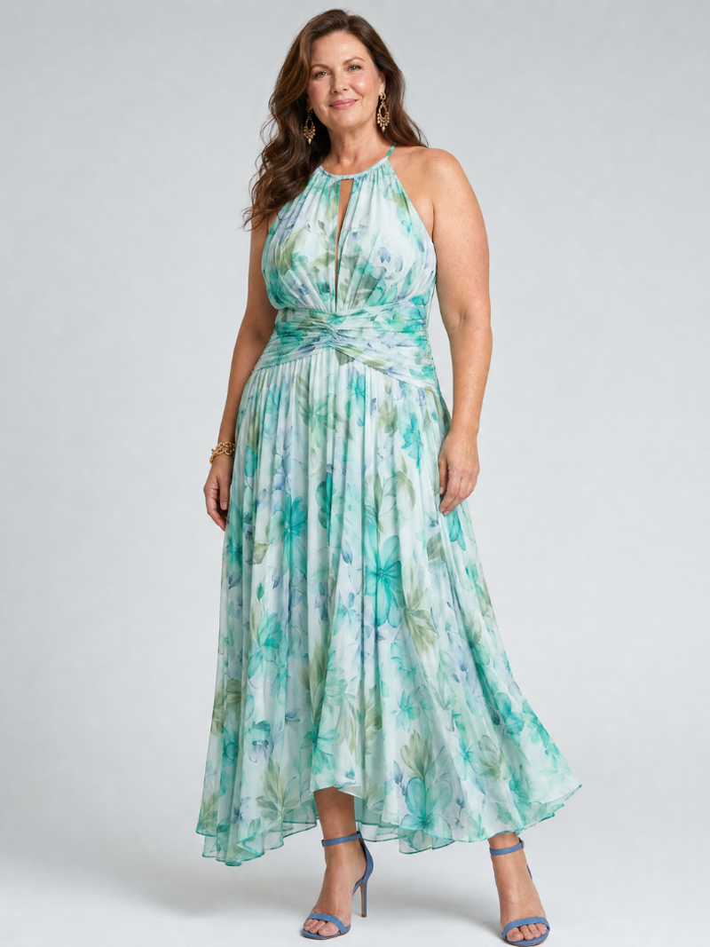 Philippa | Floral Halter Keyhole Pleated Maxi Dress