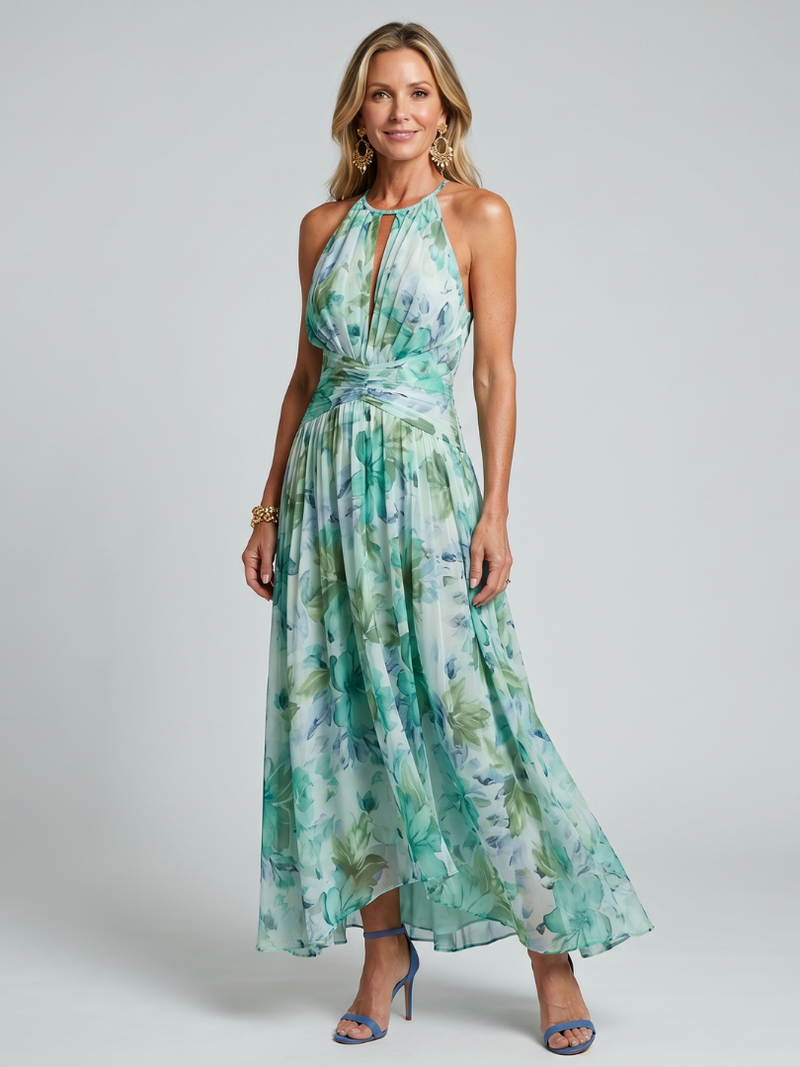 Philippa | Floral Halter Keyhole Pleated Maxi Dress