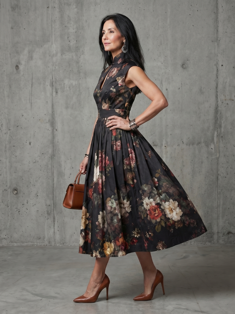 Phoebe | High Neck Keyhole Floral Pleated Midi Dress