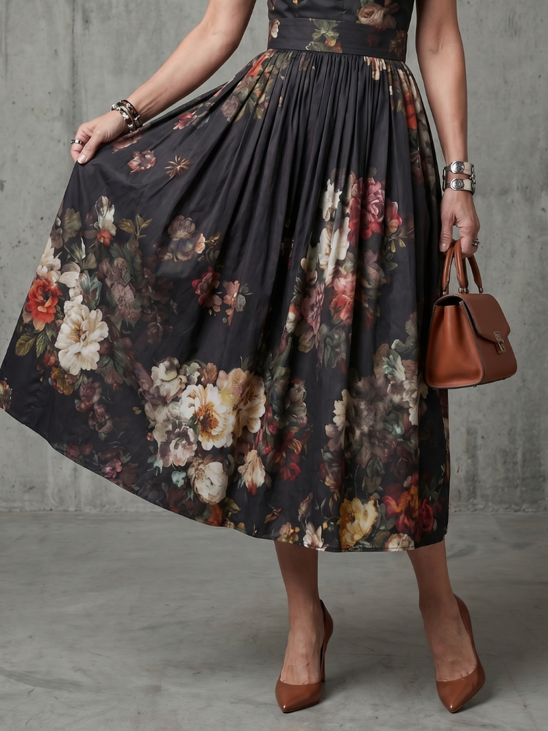Phoebe | High Neck Keyhole Floral Pleated Midi Dress