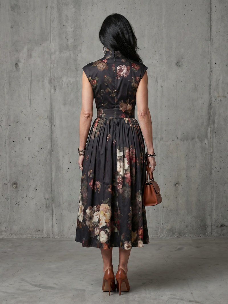 Phoebe | High Neck Keyhole Floral Pleated Midi Dress