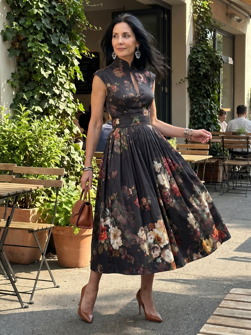 Phoebe | High Neck Keyhole Floral Pleated Midi Dress