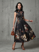 Phoebe | High Neck Keyhole Floral Pleated Midi Dress in Black
