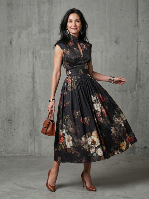 Phoebe high neck keyhole floral pleated midi dress
