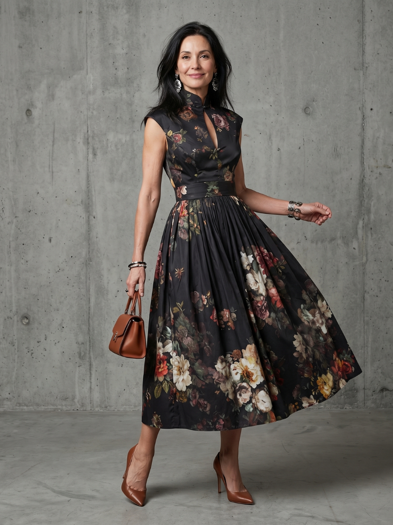 Phoebe | High Neck Keyhole Floral Pleated Midi Dress