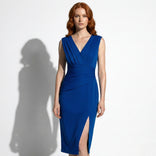 Raphaela | Pleated Crossover V-Neck Sheath Midi Dress in Blue