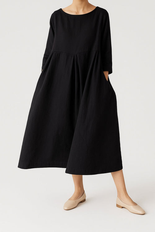 Rebecca round neck pleated yoke relaxed midi dress