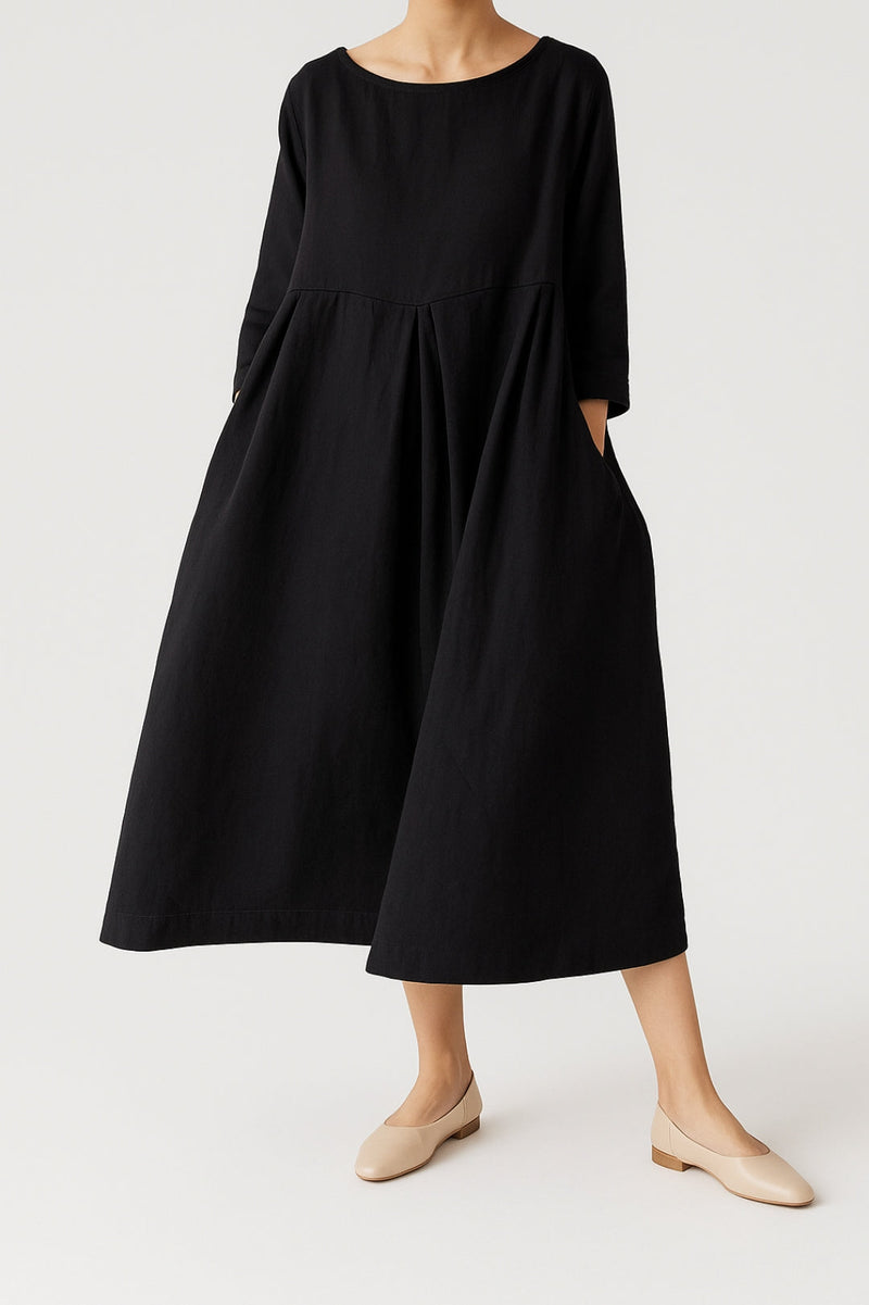 Rebecca | Round Neck Pleated Yoke Relaxed Midi Dress