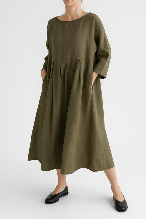 Rebecca round neck pleated yoke relaxed midi dress