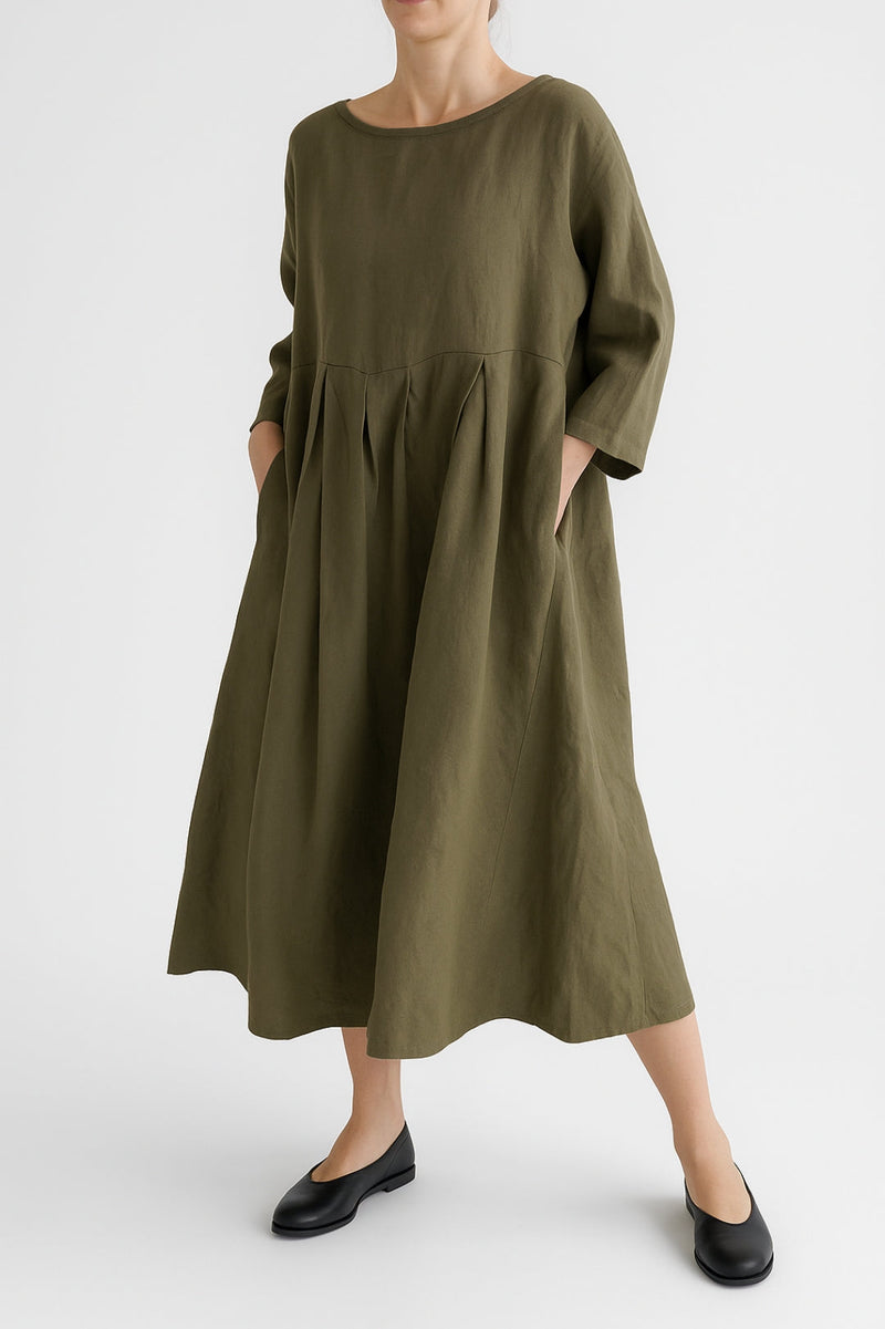 Rebecca | Round Neck Pleated Yoke Relaxed Midi Dress