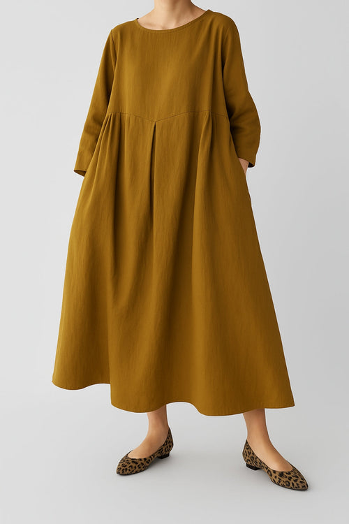 Rebecca round neck pleated yoke relaxed midi dress