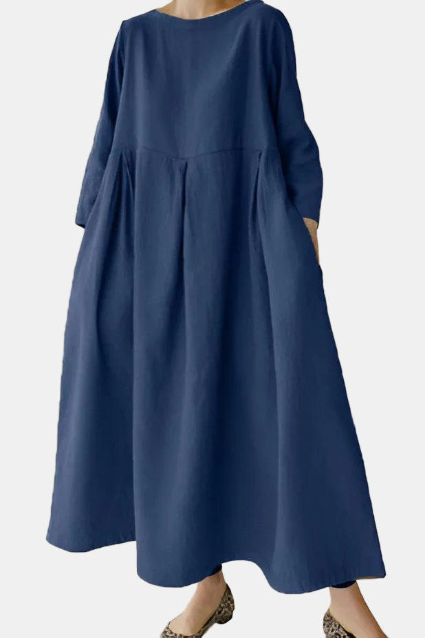 Rebecca | Round Neck Pleated Yoke Relaxed Midi Dress