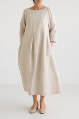 Rebecca | Round Neck Pleated Yoke Relaxed Midi Dress in Beige