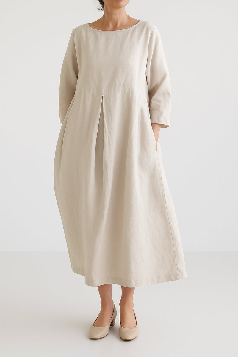 Rebecca | Round Neck Pleated Yoke Relaxed Midi Dress