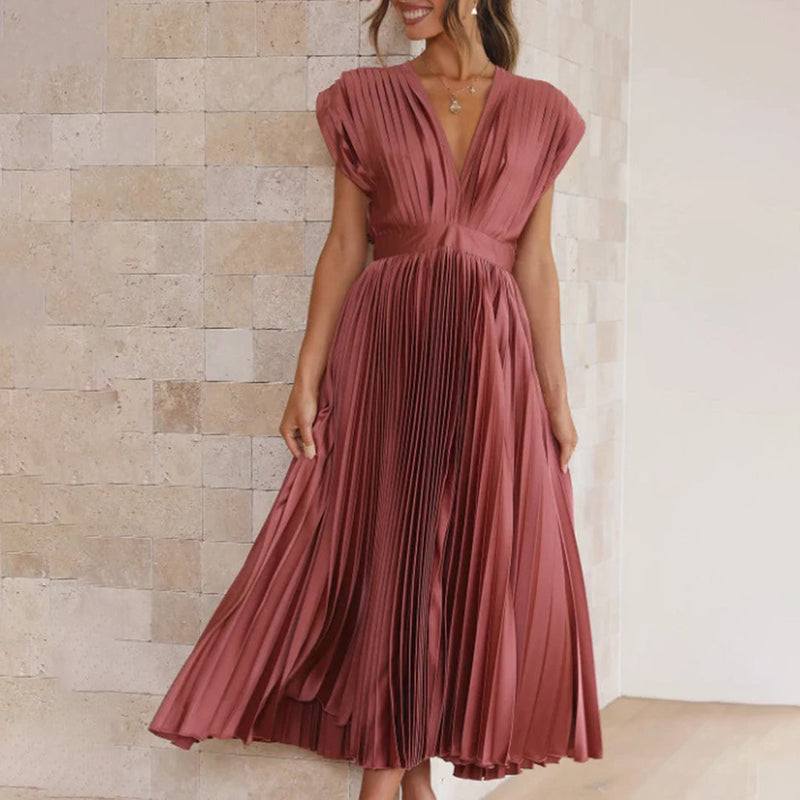 Rosamund | Plunge V-Neck Open-Back Pleated Midi Dress
